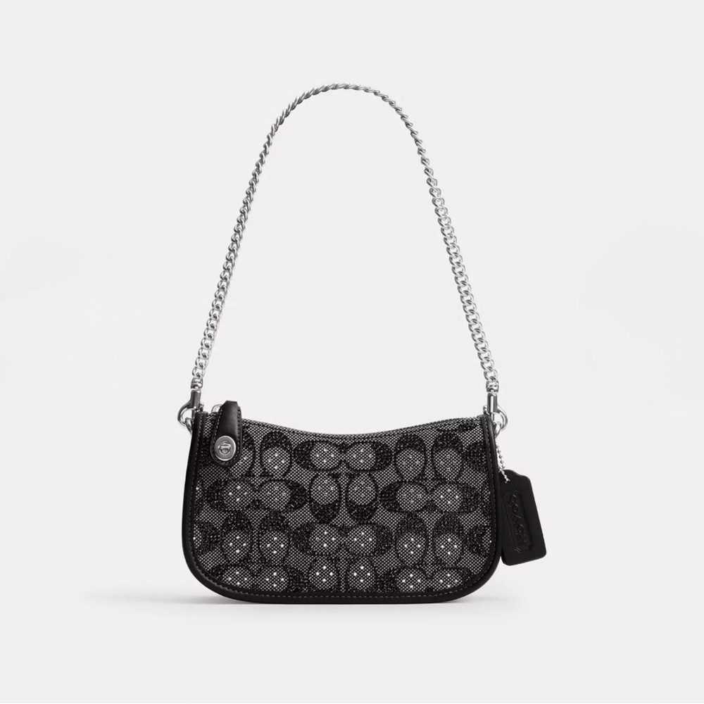 Coach Black Swinger Bag 20 with Chain In Crystal Signature Jacquard NWT